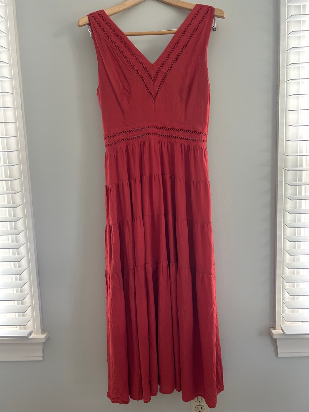 Women’s Red V-Neck Maxi Dress with Eyelet Detail